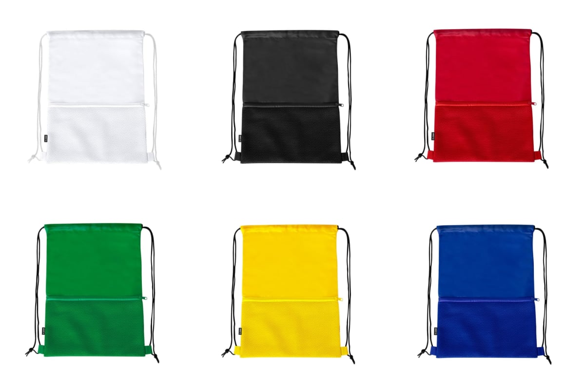 Six drawstring bags in white, black, red, green, yellow, and blue.