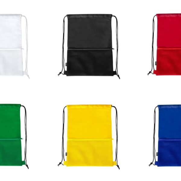 Six drawstring bags in white, black, red, green, yellow, and blue, arranged in two rows.