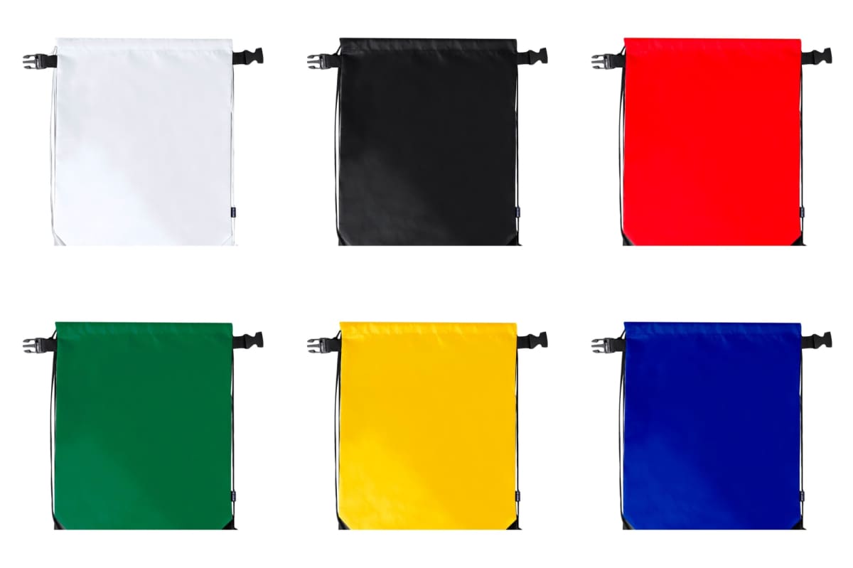 Six colorful dry bags: white, black, red, green, yellow, and blue, with black buckles.