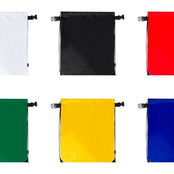 Six colored dry bags: white, black, red, green, yellow, and blue, arranged in two rows.
