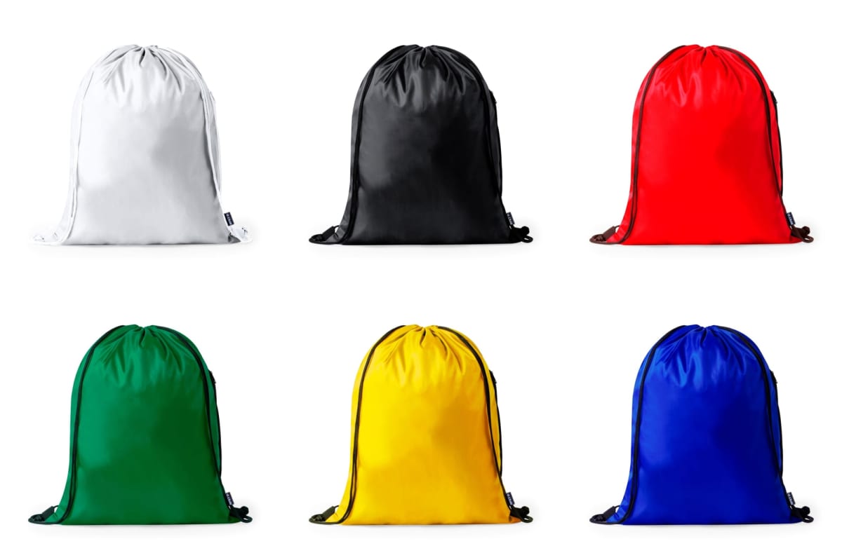 Six drawstring bags in white, black, red, green, yellow, and blue arranged in two rows.