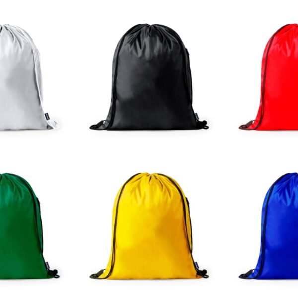 Six drawstring bags: white, black, red, green, yellow, blue, arranged in two rows.