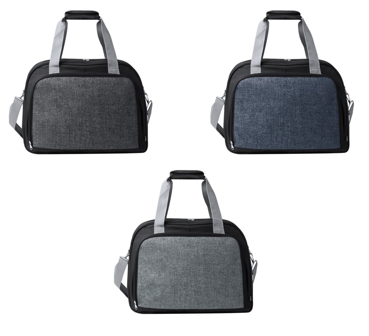 Three travel bags with different fabric colors: dark gray, blue, and light gray.