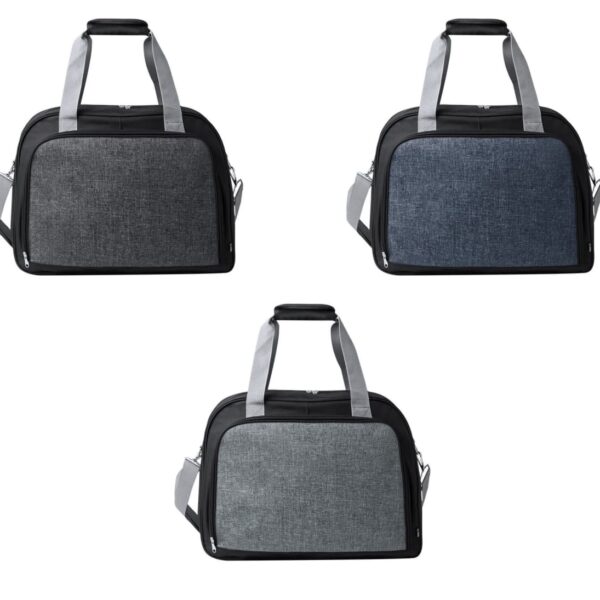 Three insulated lunch bags in gray, blue, and light gray with black trim and handles.