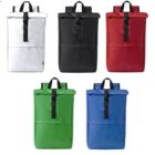 Five backpacks in white, black, red, green, and blue against a white background.
