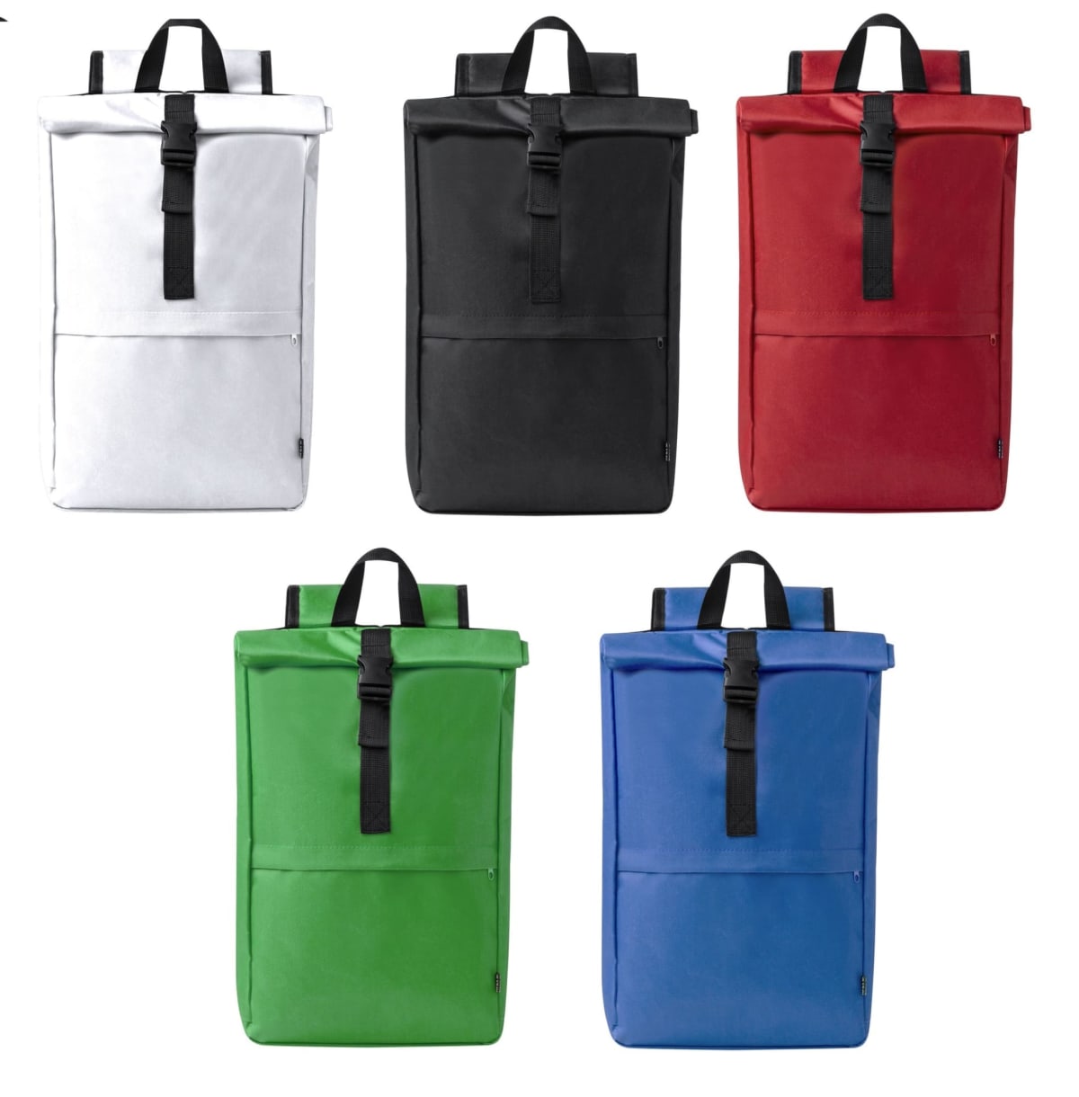 Five backpacks in white, black, red, green, and blue against a white background.