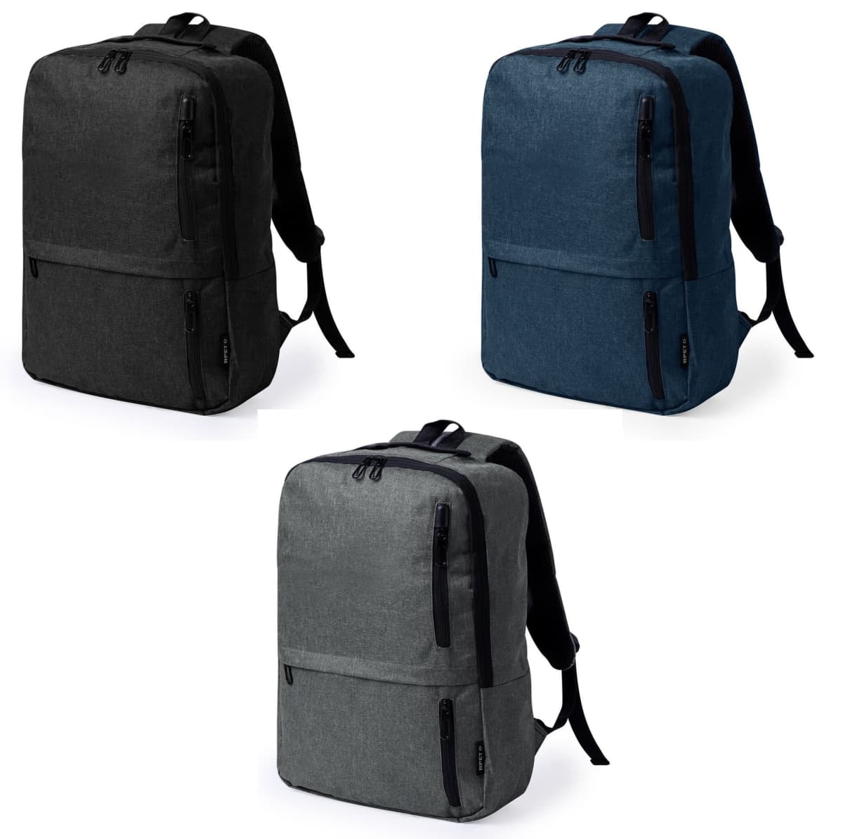 Three backpacks in black, blue, and gray, each with front zippers and padded straps.