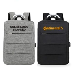 Two rectangular backpacks side by side. The left backpack is gray with the text COMES LOGO BRANDED in black. The right backpack is black with a yellow Continental logo. Both have top handles and appear to be of similar design.