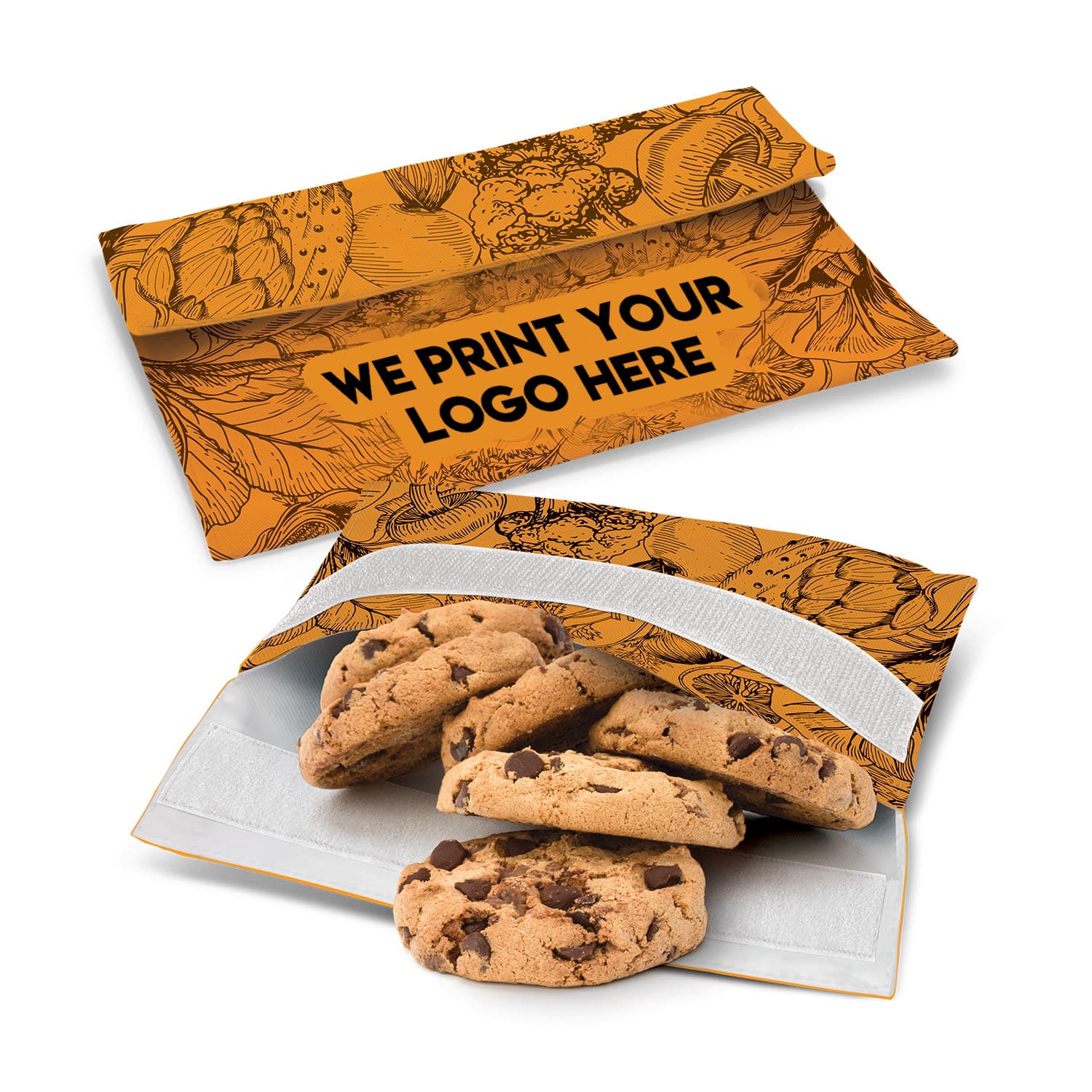 Two reusable sandwich bags, one open and one closed. The open bag is partially filled with chocolate chip cookies. Both bags are orange with black, intricate floral designs, and feature text: We print your logo here.
