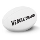 A white rugby ball with the text WE BULK BRAND in bold black letters printed on its side.