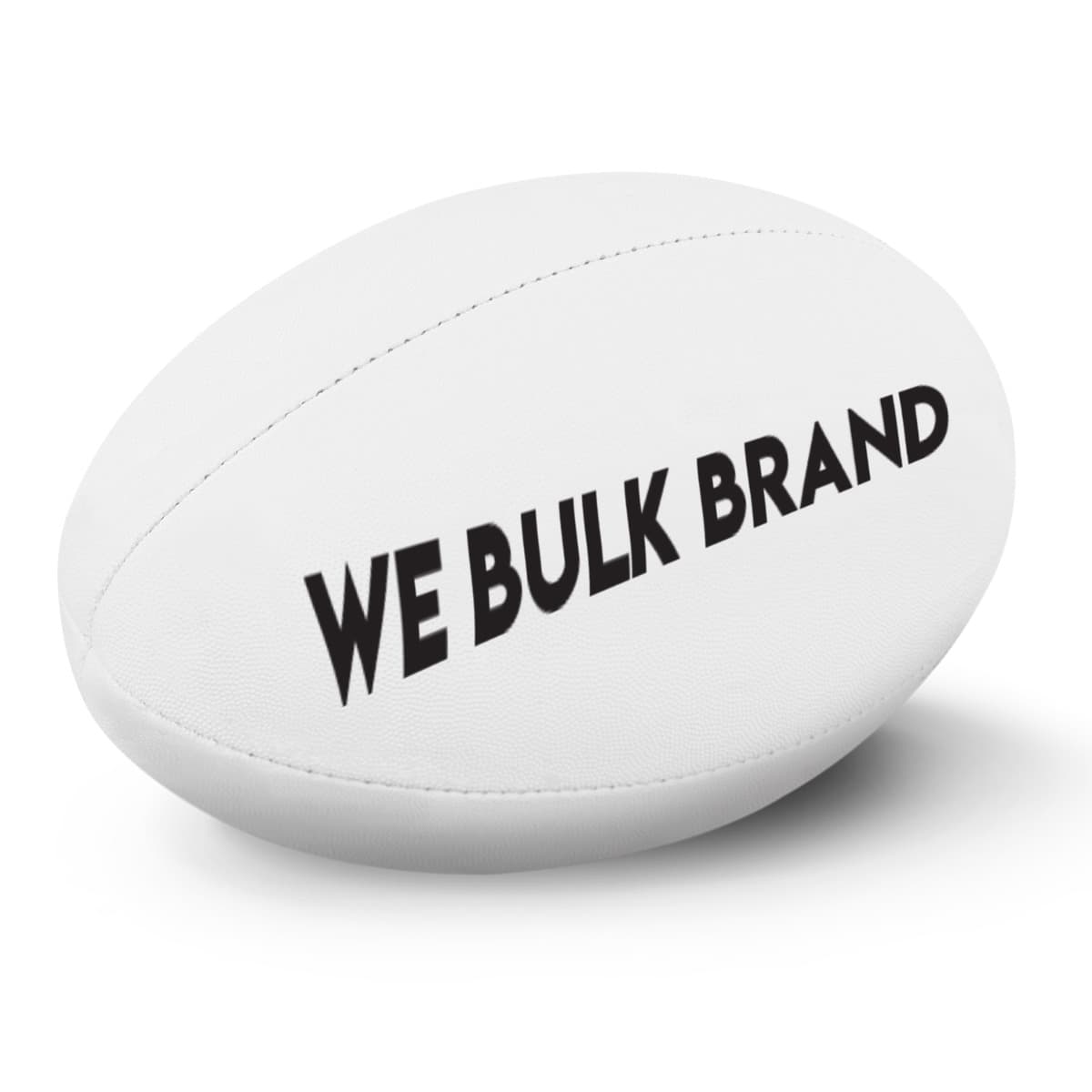 A white rugby ball with the text WE BULK BRAND in bold black letters printed on its side.
