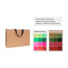 Brown paper bag next to color samples on white and brown kraft paper backgrounds.