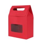 Red cardboard gift box with a handle and transparent window.