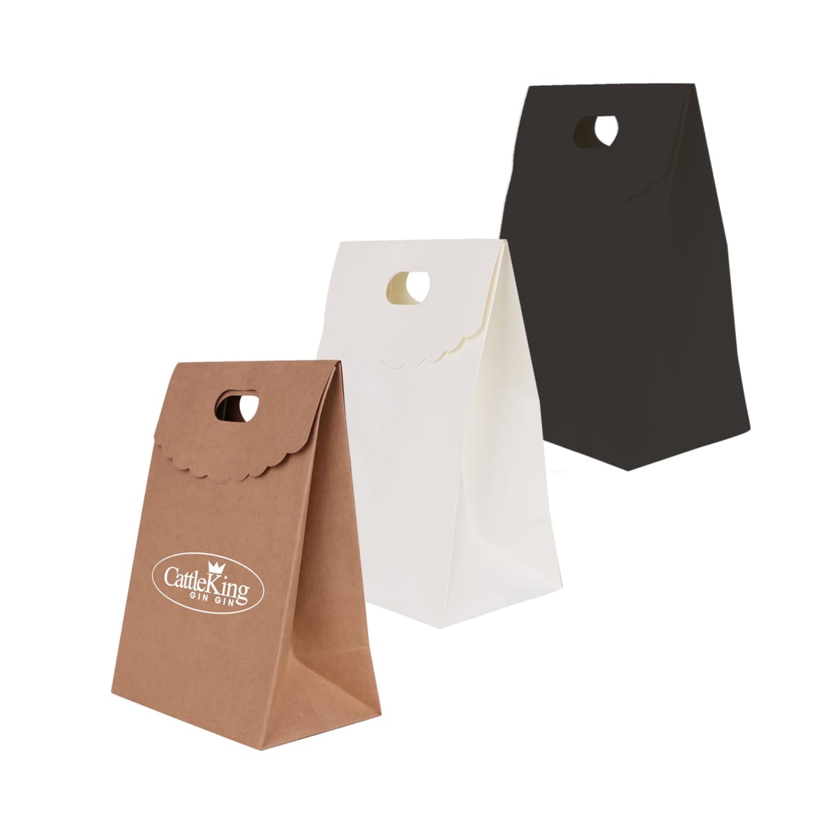 Three paper gift bags: brown, white, and black, with cutout handles.