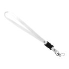 A white lanyard with a black plastic buckle and a metal clip at the end, designed for holding items like keys, ID cards, or small electronic devices.