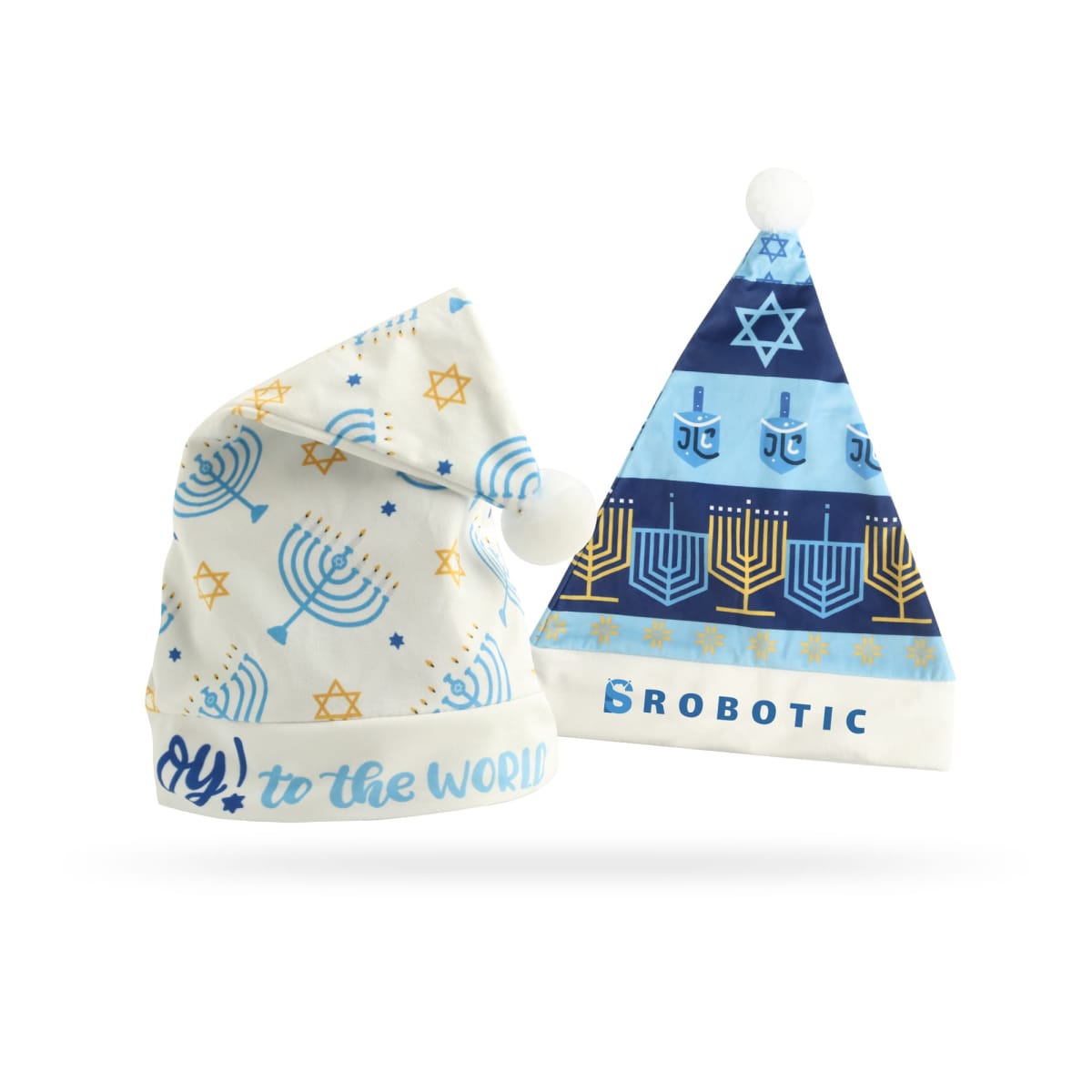 Two festive hats with Hanukkah-themed patterns and text.