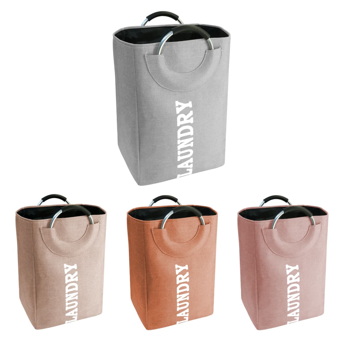 Four laundry bags in gray, beige, brown, and pink with LAUNDRY text and metal handles.