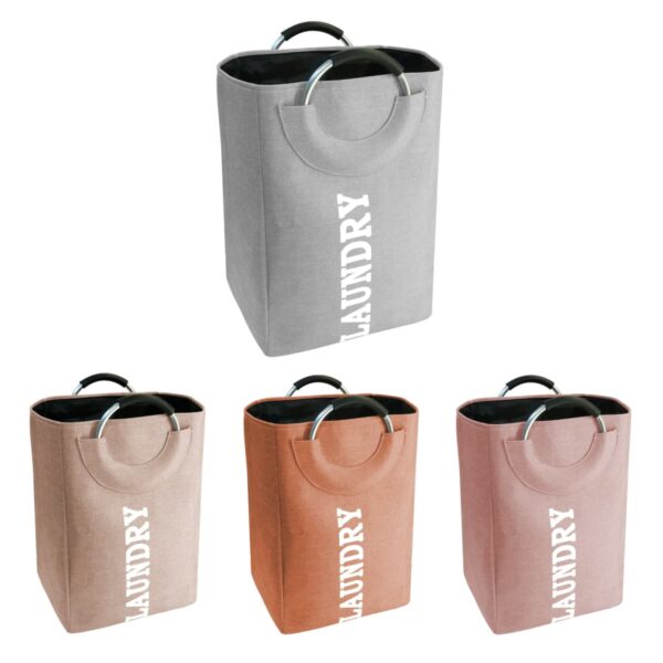 Four laundry baskets in gray, beige, orange, and pink, each with handles and LAUNDRY printed.