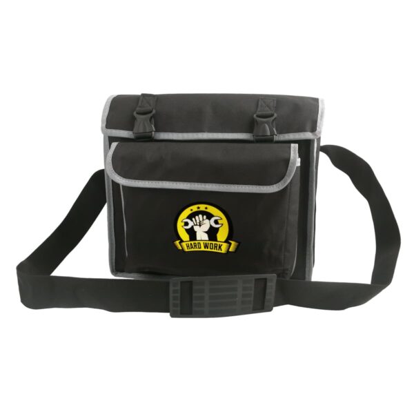 Black shoulder bag with Hard Work logo featuring clenched fists and gears.
