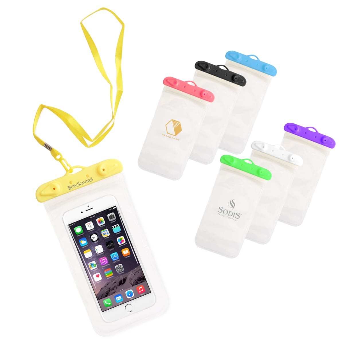 Colorful waterproof phone pouches with a smartphone inside one.