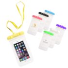 Waterproof phone pouches in various colors, one with a yellow lanyard holding a phone.