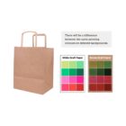 Brown paper bag next to color swatches on white and brown backgrounds.