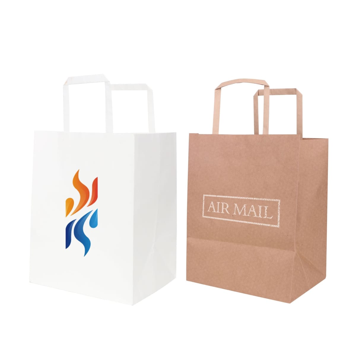 White and brown paper bags with logos, on a white background.