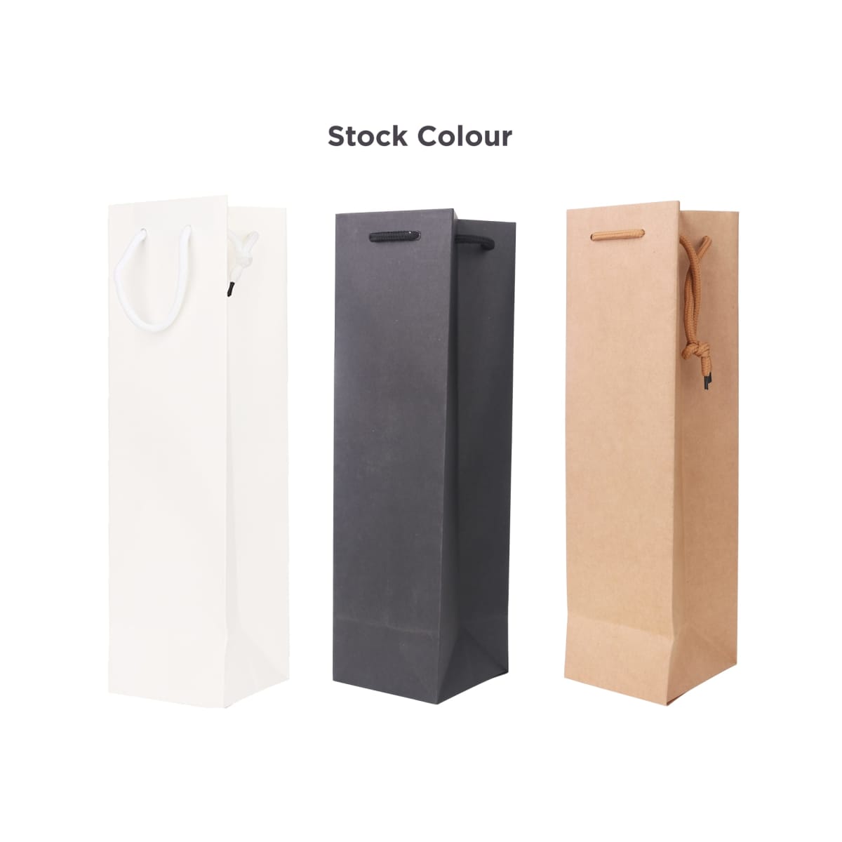Three tall gift bags in white, black, and brown under Stock Colour text.