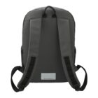 Back view of a dark gray backpack with padded shoulder straps and a small white label.