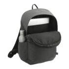 A black backpack with a laptop and water bottle inside.