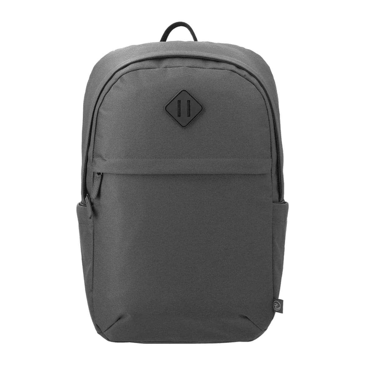 A plain gray backpack with a front pocket and top handle, shown on a white background.
