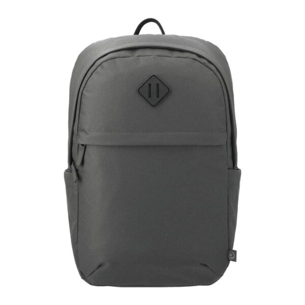 A plain gray backpack with a front pocket and a small diamond-shaped patch.