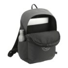 Black backpack with a water bottle in the side pocket and a laptop inside the main compartment.