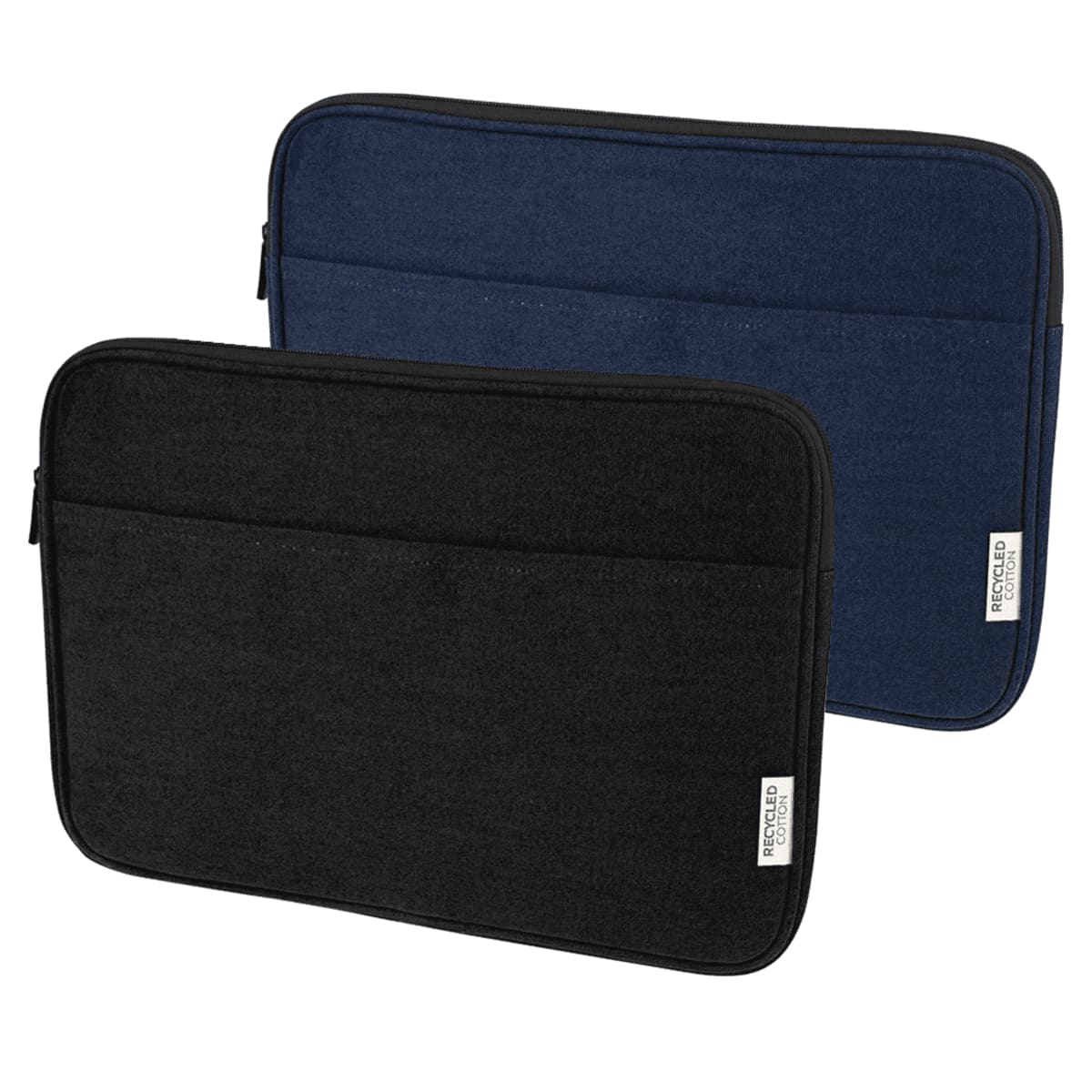 Two laptop sleeves, one navy blue and one black, with a small white recycled material label.