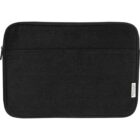 A plain black laptop sleeve with a zipper and a small white label on the side.