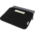 A black laptop sleeve with a laptop and a notebook partially inside.