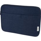 Dark blue fabric laptop sleeve with a front pocket and a Recycled Cotton label on the side.