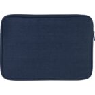 Dark blue fabric laptop sleeve with a zipper on the top right side.