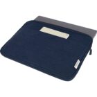 A navy blue laptop sleeve with a laptop and a notebook partially inside.