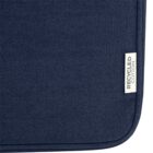 Close-up of a navy blue fabric with a small label that reads Recycled Cotton.