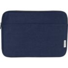 Dark blue fabric laptop sleeve with front pocket and a small white label on the side.