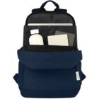 Open blue backpack with water bottle, notebooks, and laptop inside main compartment.