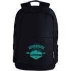 Black backpack with Adventure Expedition and mountain graphic in teal on the front pocket.