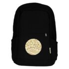 Black backpack with a circular, intricate beige and red patterned design on the front pocket.