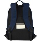 Navy and black backpack with two books in an outer back pocket.