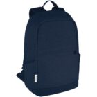 A plain dark blue backpack with a front pocket and a small white label on the side.