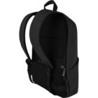 Black backpack with padded shoulder straps, side pocket, and a zippered back compartment.