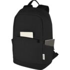 Black backpack with front and side pockets holding a notebook and a tablet.