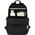 A black backpack open to show a laptop, water bottle, and two notebooks inside.