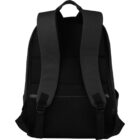 Black backpack with padded shoulder straps, shown from the back against a white background.